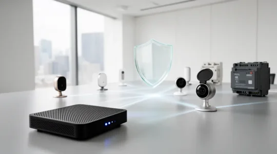 Illustration de la sécurité IoT montrant un réseau d'objets connectés protégés contre les attaques DDoS dans un environnement d'entreprise