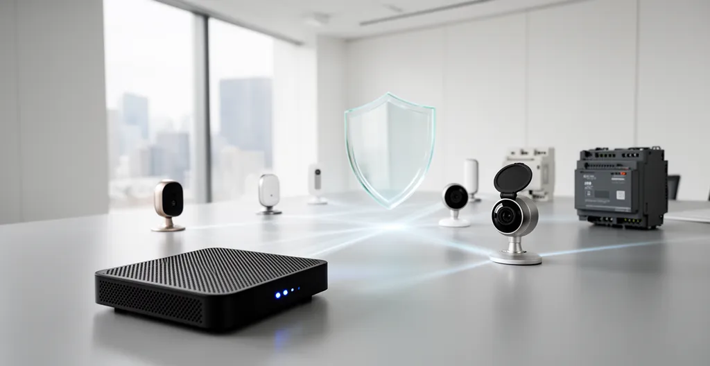 Illustration de la sécurité IoT montrant un réseau d'objets connectés protégés contre les attaques DDoS dans un environnement d'entreprise