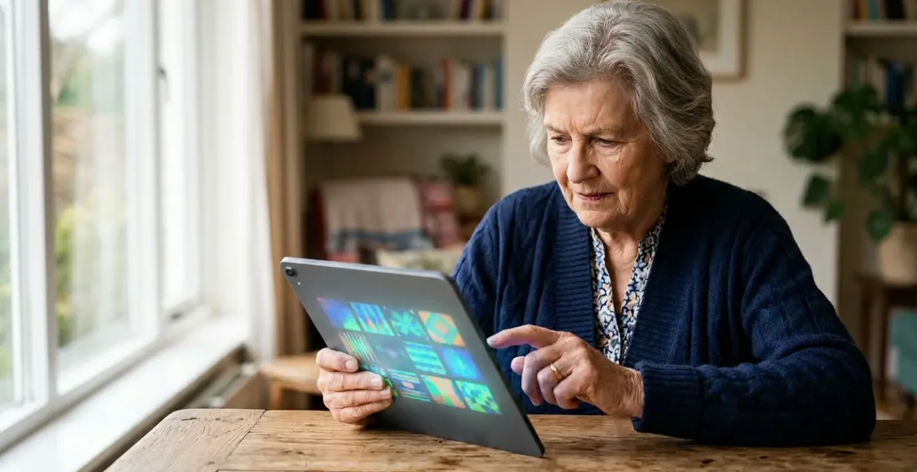 Personne âgée interagissant avec une tablette numérique dans un environnement lumineux