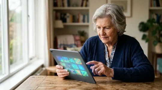 Personne âgée interagissant avec une tablette numérique dans un environnement lumineux
