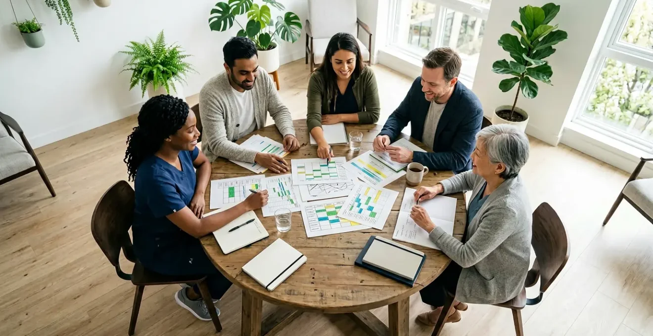 Vue en plongée d'une équipe d'auxiliaires de vie en réunion collaborative autour d'une table ronde dans un bureau lumineux
