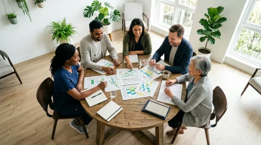 Vue en plongée d'une équipe d'auxiliaires de vie en réunion collaborative autour d'une table ronde dans un bureau lumineux