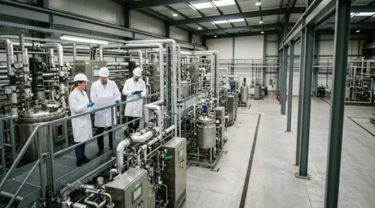 Ingénieurs analysant des équipements industriels dans une usine pilote de technologies propres