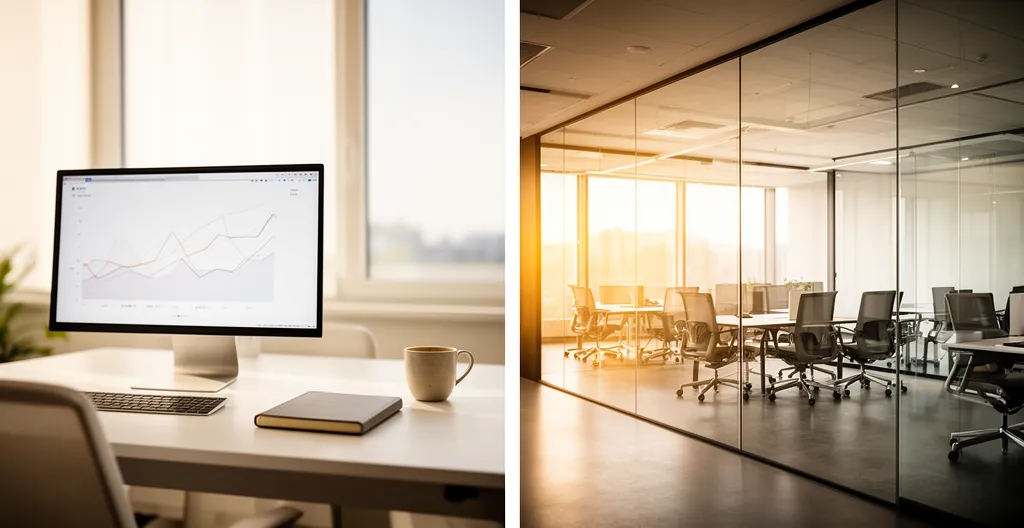 Espace de travail hybride moderne avec bureau domicile et équipements connectés