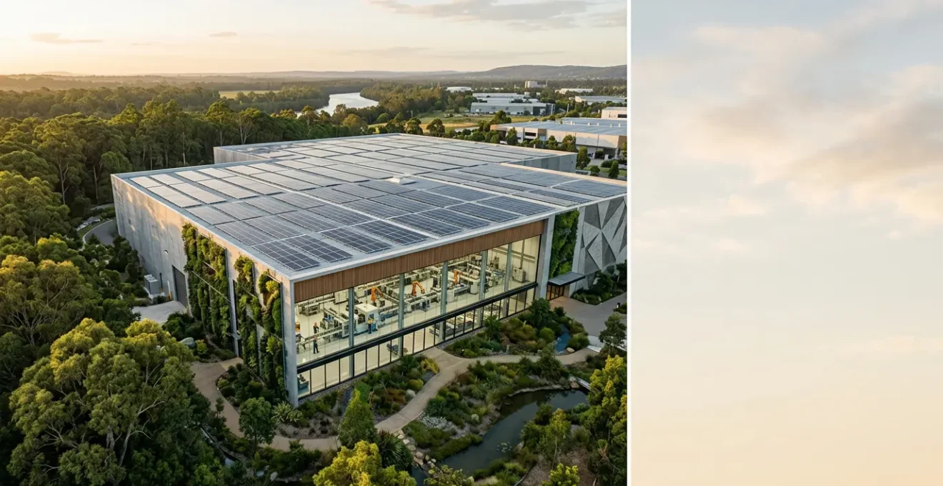 Vue aérienne d'un bâtiment industriel moderne avec panneaux solaires et végétalisation