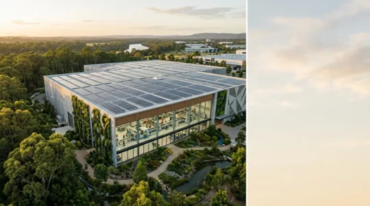 Vue aérienne d'un bâtiment industriel moderne avec panneaux solaires et végétalisation