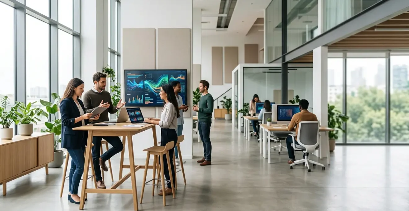 Vue moderne d'un espace de travail collaboratif montrant la transition numérique en action