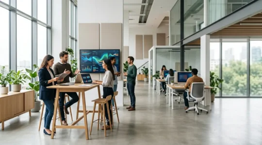 Vue moderne d'un espace de travail collaboratif montrant la transition numérique en action