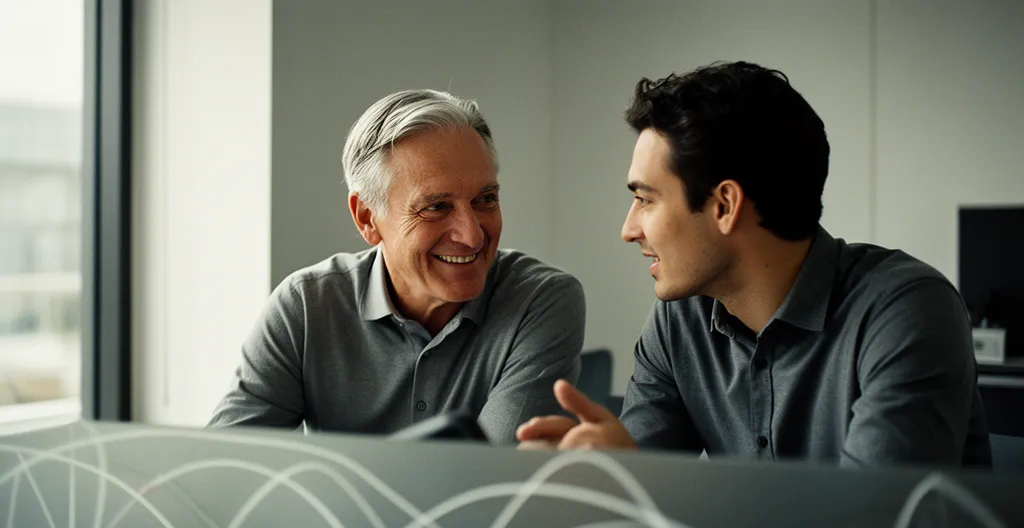 Échange intergénérationnel entre senior expérimenté et jeune professionnel dans un espace de travail collaboratif