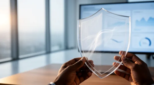 Bureau moderne épuré avec tableau de bord de données visualisé sur écran flou en arrière-plan, mains professionnelles tenant un bouclier transparent symbolisant la protection des données