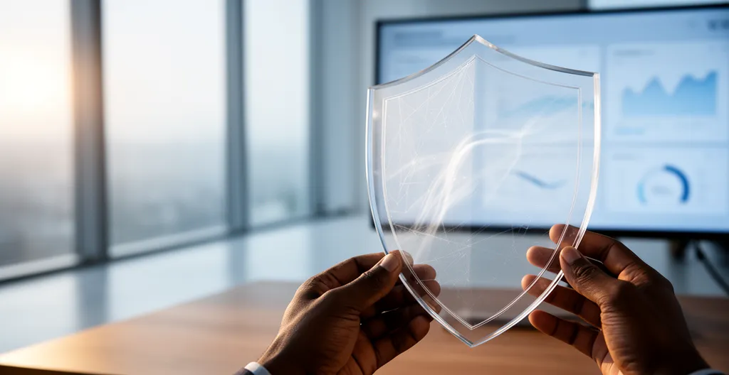 Bureau moderne épuré avec tableau de bord de données visualisé sur écran flou en arrière-plan, mains professionnelles tenant un bouclier transparent symbolisant la protection des données