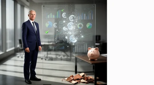 Entrepreneur analysant métriques et données sur tableau transparent dans bureau moderne