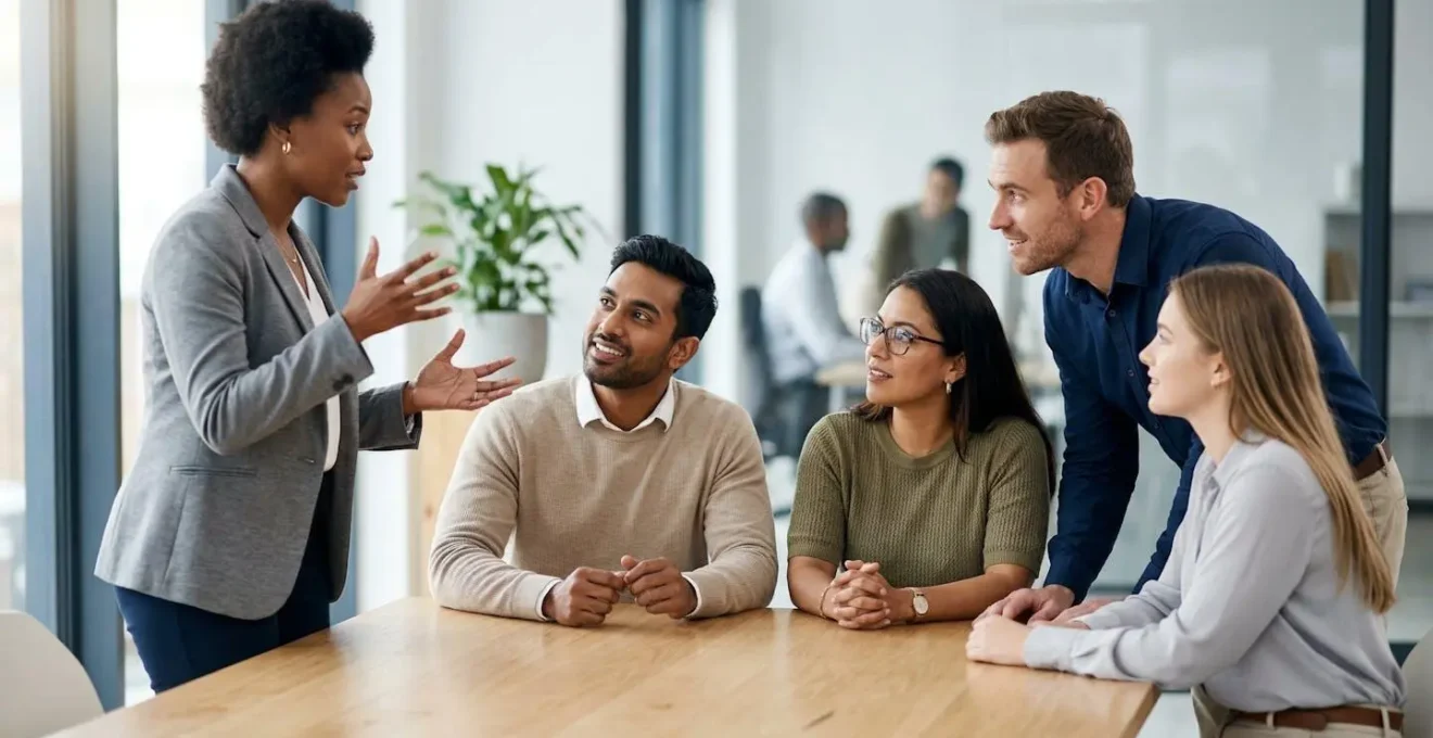 Équipe diversifiée en réunion stratégique autour d'une table moderne