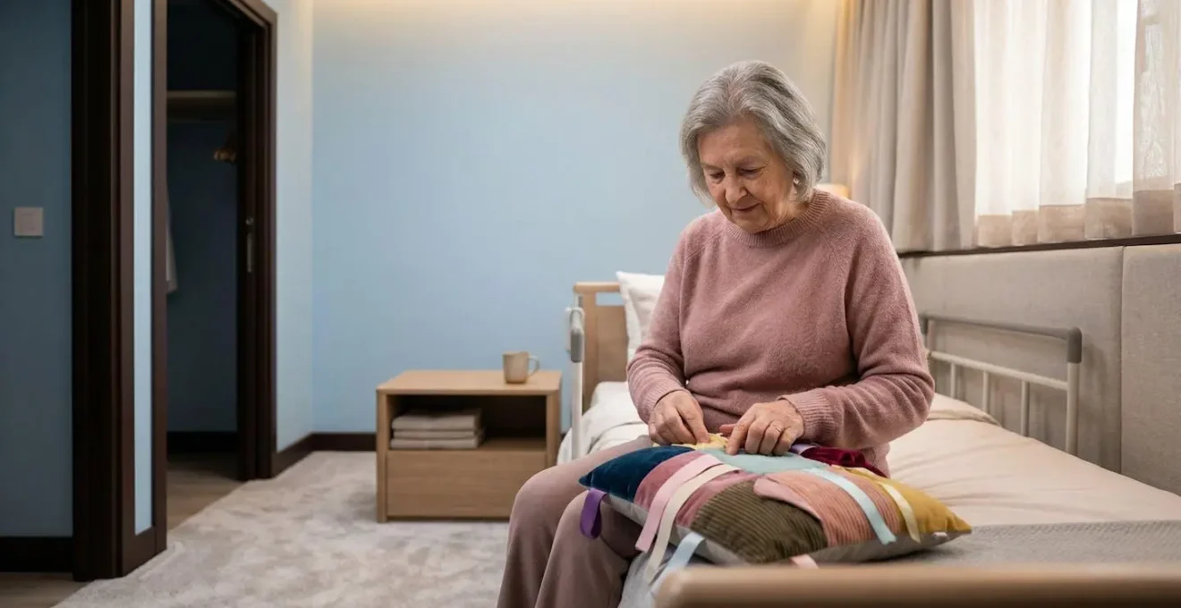 Chambre aménagée avec éclairage doux et repères colorés pour personne atteinte d'Alzheimer