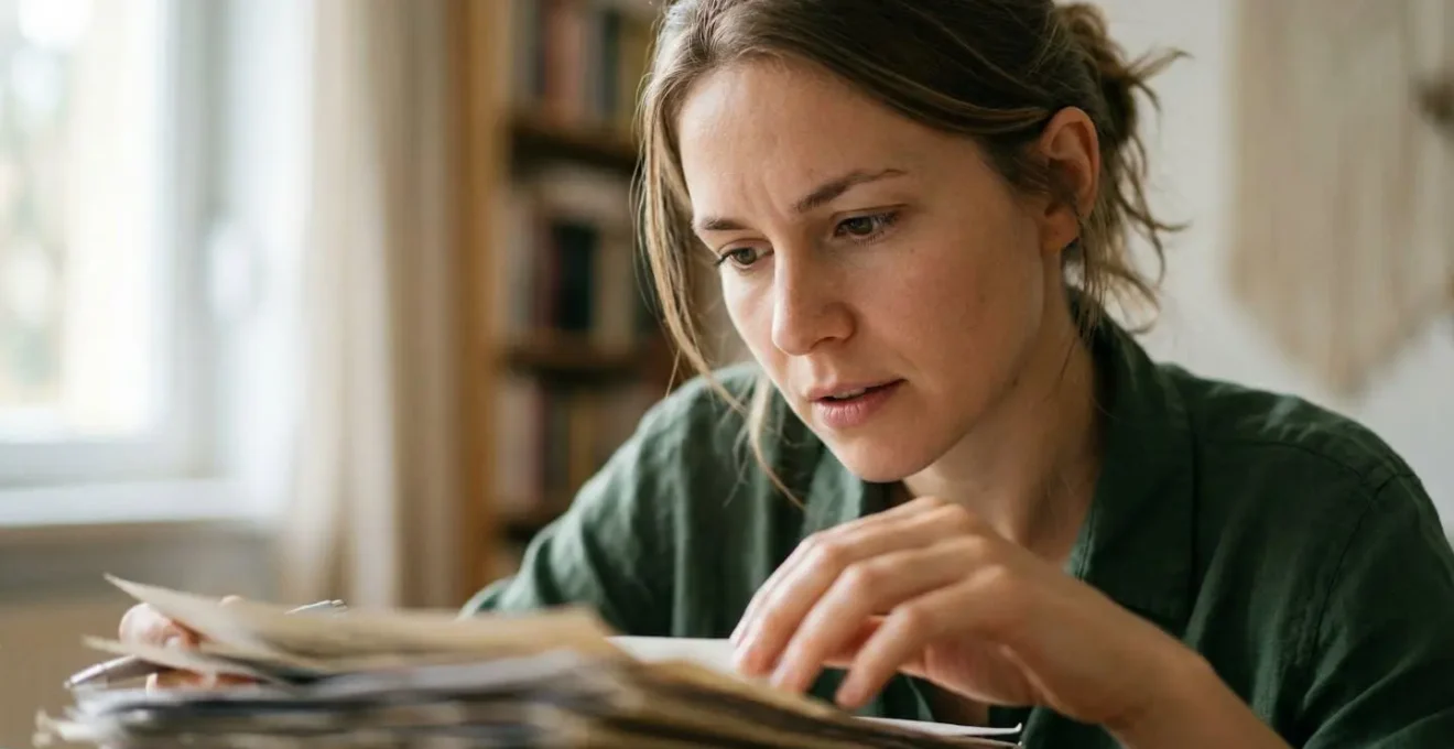 Portrait serré d'une personne concentrée analysant des documents avec une expression de découverte