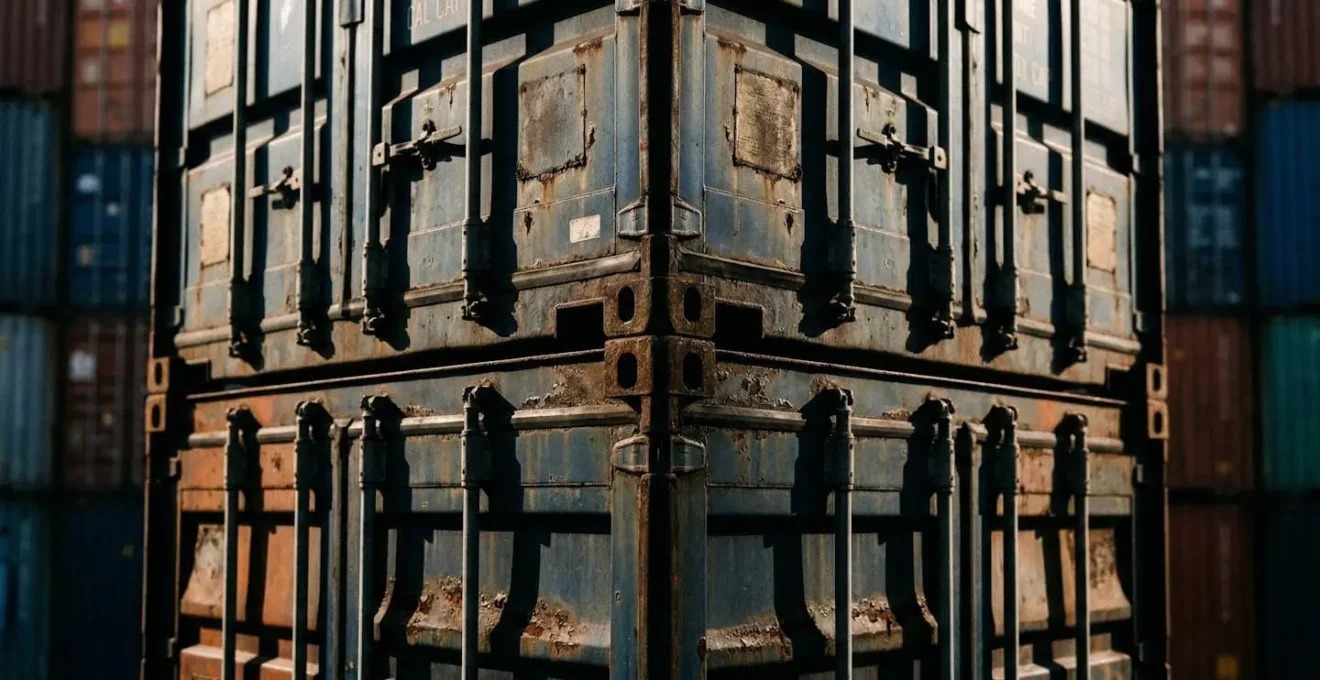 Analyse macro de containers empilés avec effets de lumière symbolisant les flux d'importation