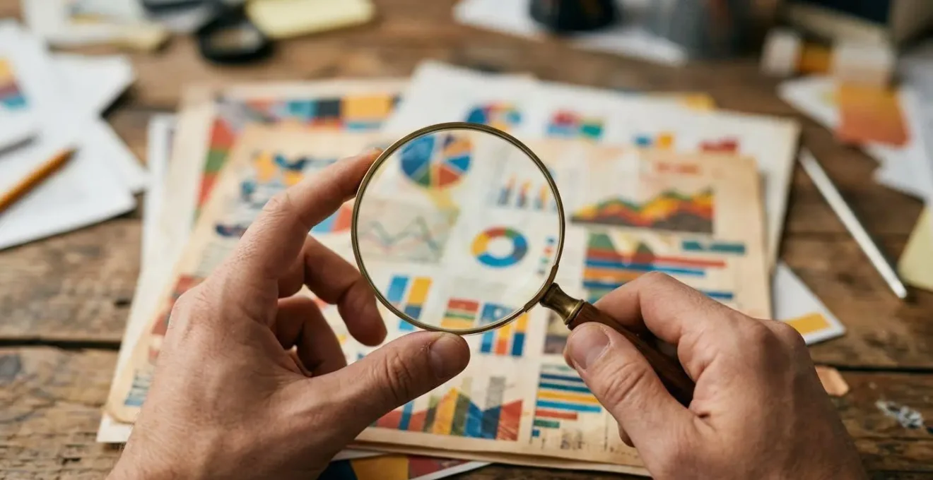 Mains analysant des documents abstraits avec loupe sur bureau professionnel