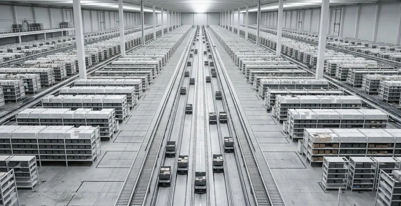Vue aérienne minimaliste d'un système de production automatisé en mouvement, symbolisant la scalabilité.