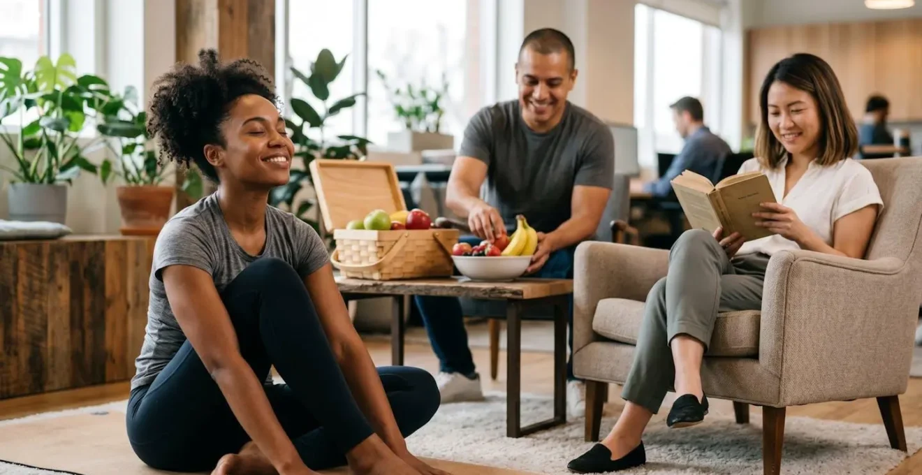 Espace détente d'une entreprise moderne avec des employés profitant d'activités de bien-être et de relaxation.