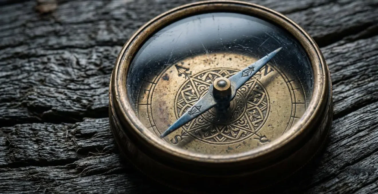 Vue macro d'une boussole vintage avec détails de gravure sur surface en bois patiné