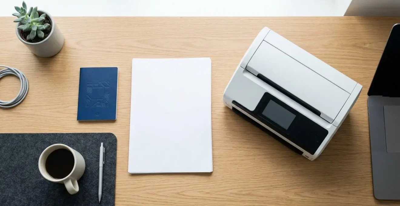 Bureau organisé avec documents administratifs prêts à être scannés et un scanner professionnel