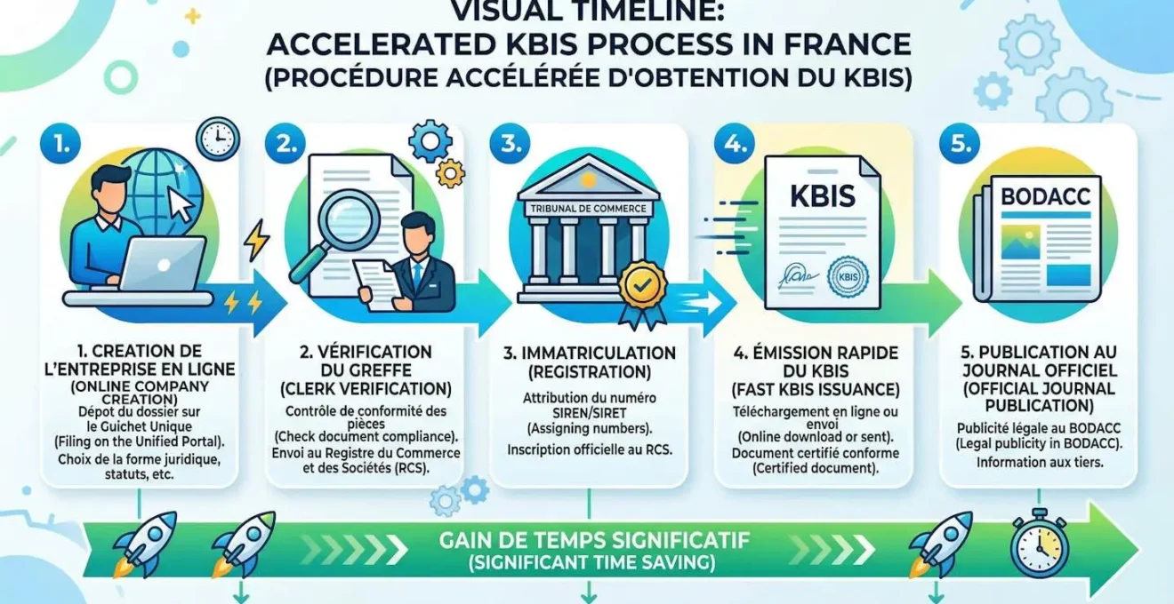 Chronologie visuelle du processus accéléré d'obtention du Kbis en France