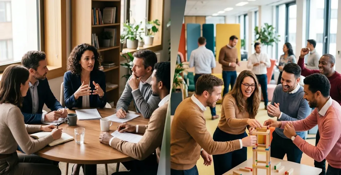 Comparaison visuelle entre coaching d'équipe structuré et team building ponctuel