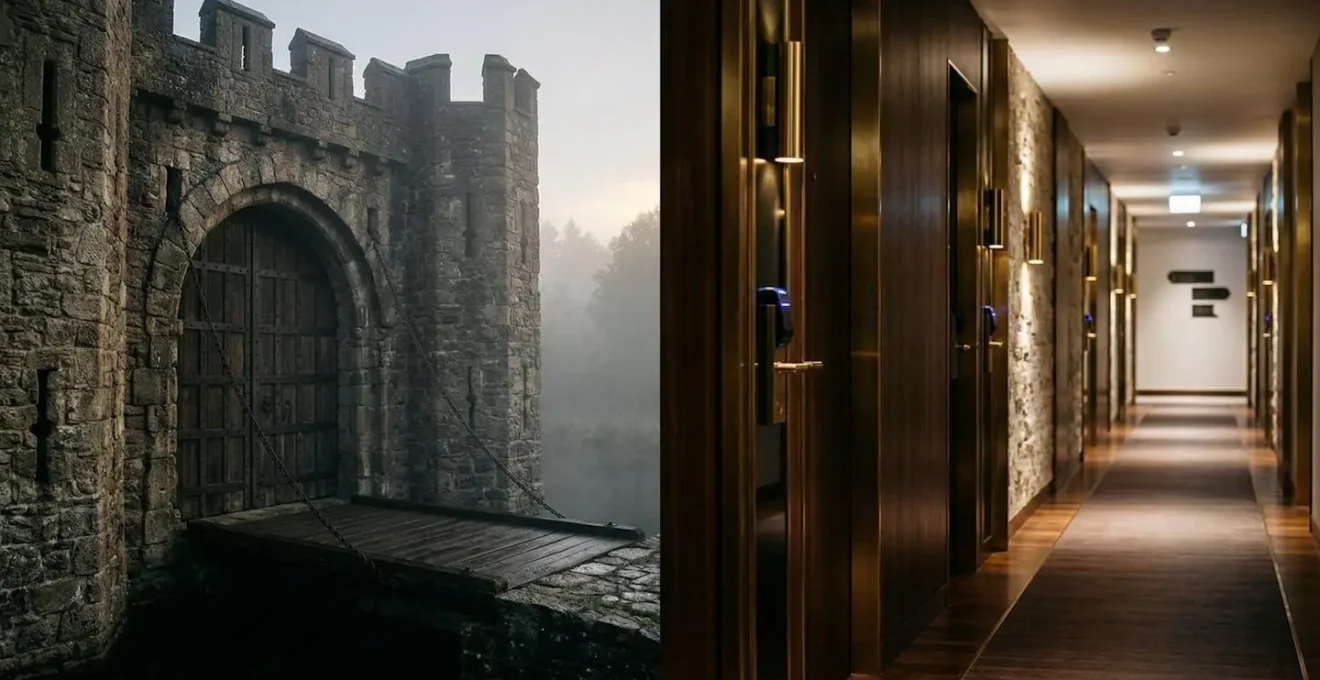 Métaphore visuelle d'un pont-levis de château (VPN) opposé à un système de badges d'accès de couloir d'hôtel (ZTNA) pour la sécurité réseau.