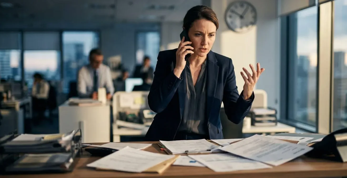 Entrepreneur au téléphone avec documents d'urgence sur son bureau, expression déterminée