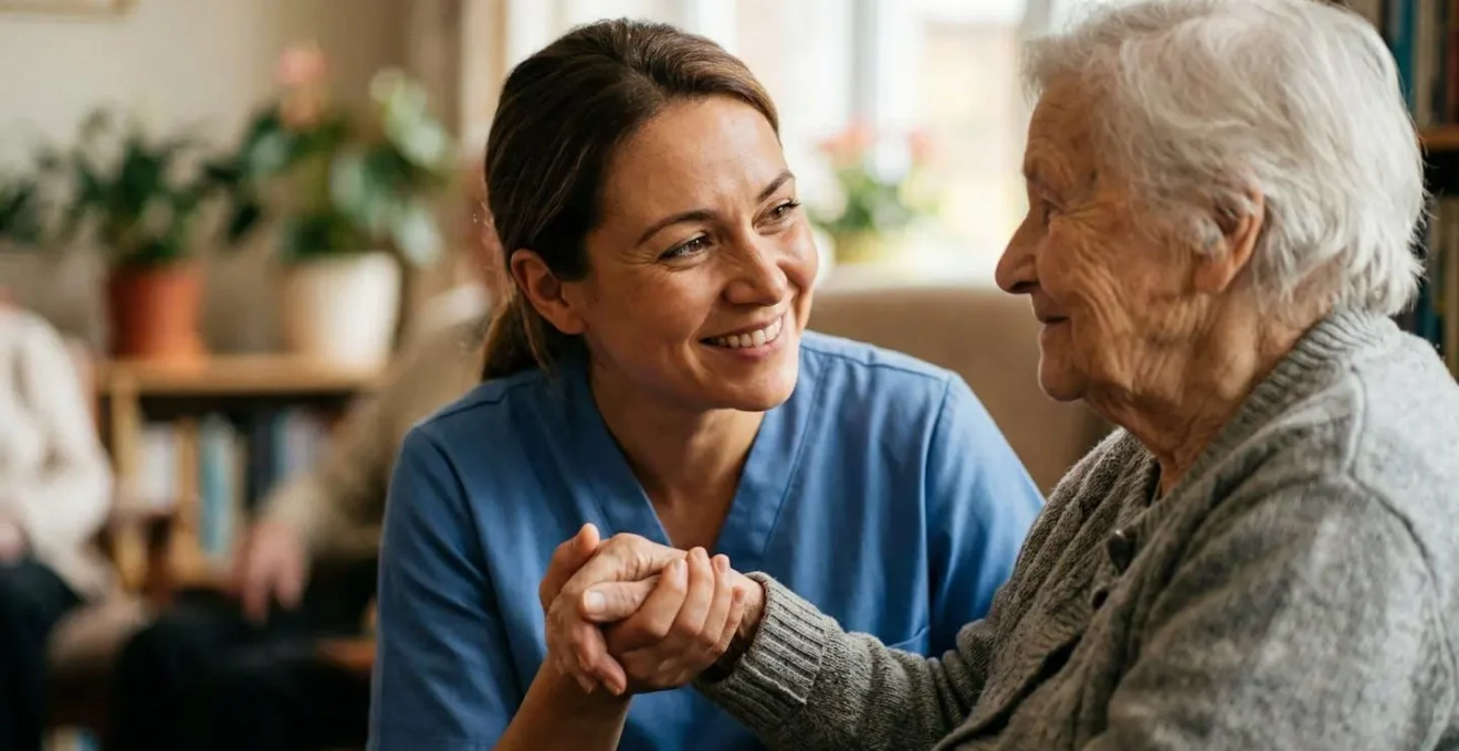 Portrait rapproché d'une auxiliaire de vie souriante en interaction bienveillante avec une personne âgée