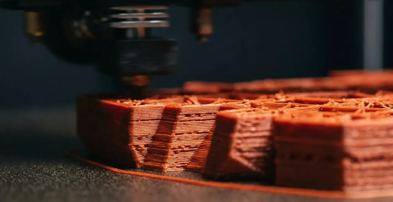 Gros plan sur une pièce mécanique complexe en cours d'impression 3D avec des détails de texture et de matériau