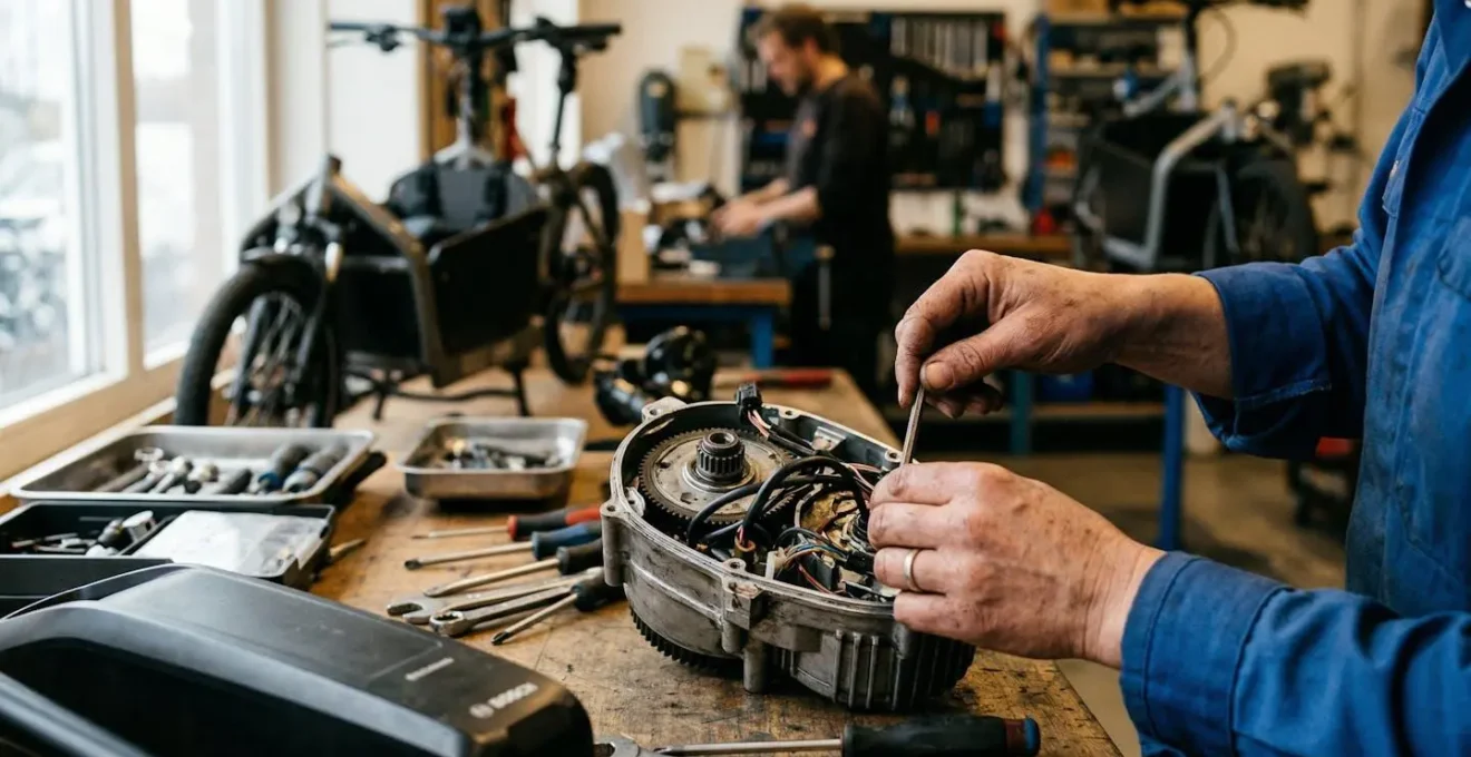 Mécanicien spécialisé effectuant la maintenance d'un vélo cargo électrique dans un atelier moderne