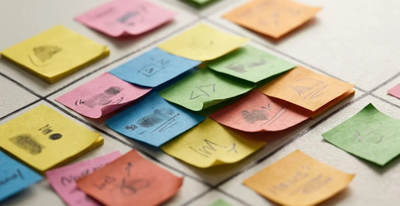 Vue détaillée d'une matrice de transmission des compétences avec post-its colorés organisés par priorité