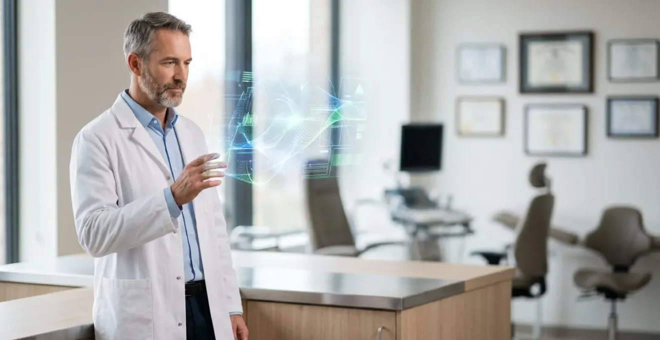 Médecin en consultation dans un cabinet moderne avec infrastructure sécurisée visible en arrière-plan
