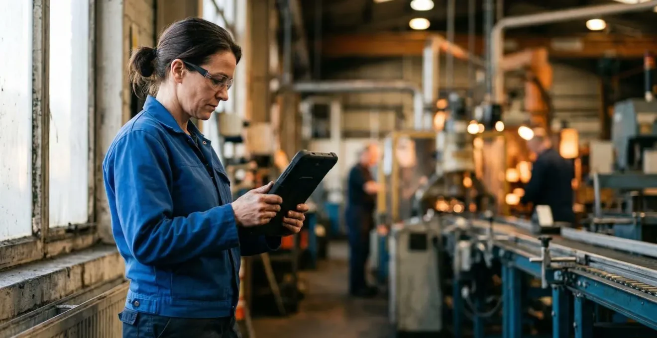 Opérateur utilisant une tablette numérique dans un environnement d'atelier moderne pour la saisie de données de production