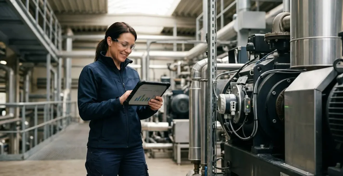 Technicien analysant des données de consommation énergétique sur tablette dans un environnement industriel