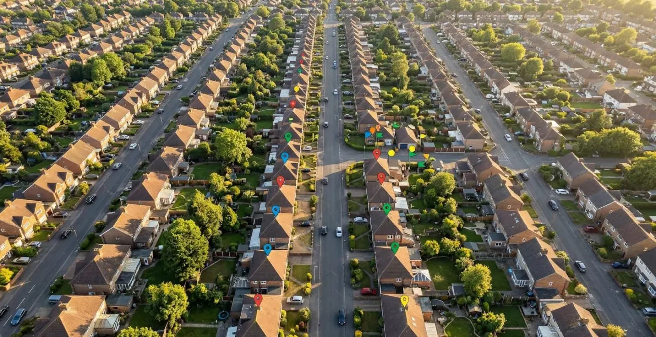Vue aérienne d'un quartier résidentiel avec des épingles colorées marquant les interventions à domicile