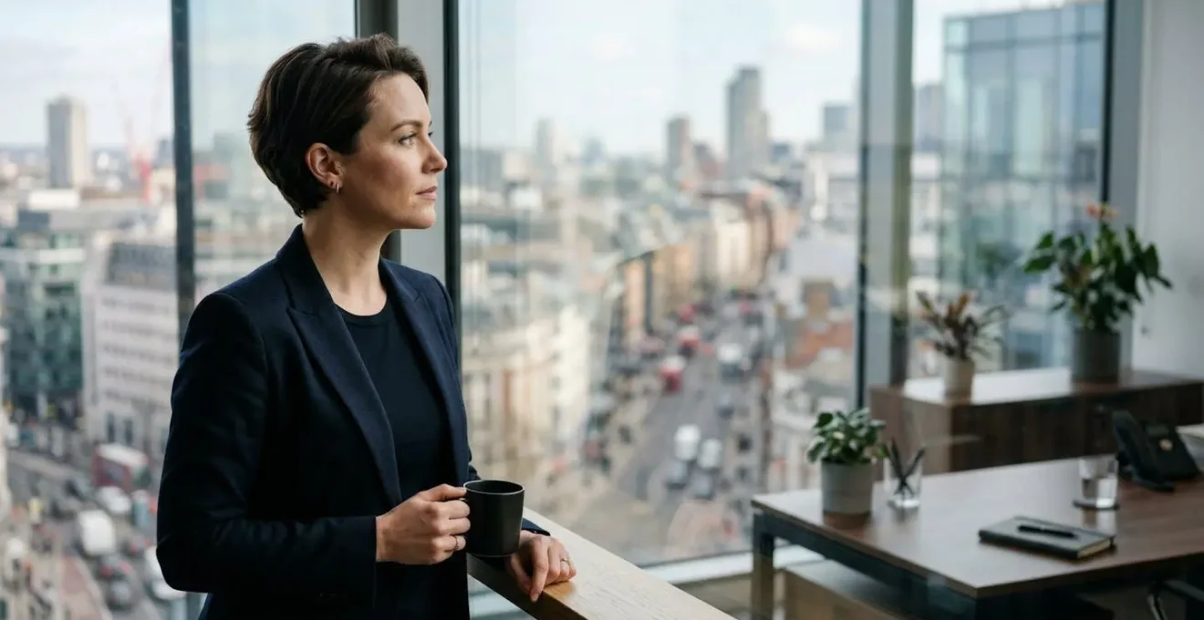 Portrait d'un entrepreneur confiant dans son bureau avec vue sur la ville