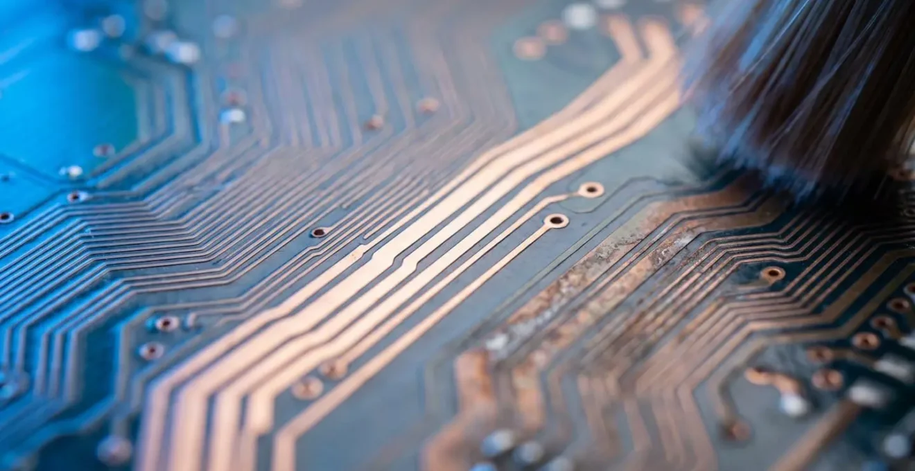 Vue macro détaillée de circuits électroniques avec effet de filtrage lumineux symbolisant le nettoyage des données