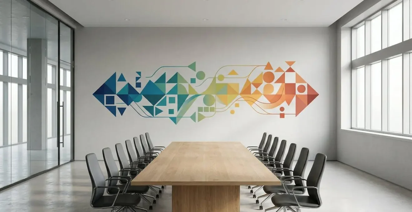 Espace de bureau minimaliste avec graphique abstrait mural représentant une évolution temporelle