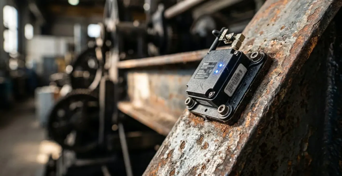 Gros plan sur des capteurs IoT installés sur une machine industrielle vintage