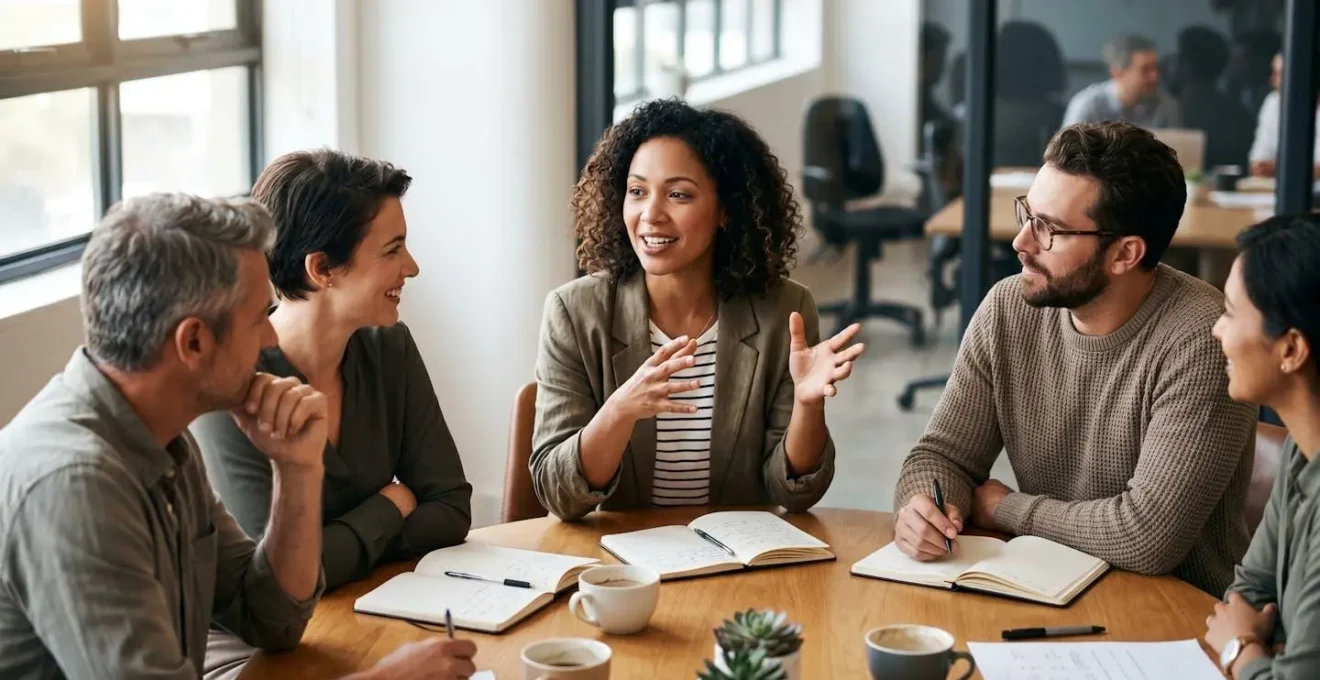 Équipe en réunion collaborative autour d'une table ronde avec expressions engagées