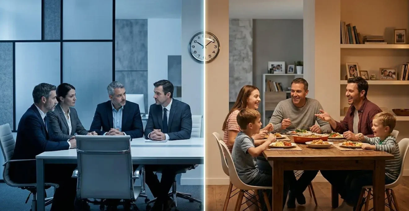 Réunion familiale avec séparation claire entre moments professionnels et personnels