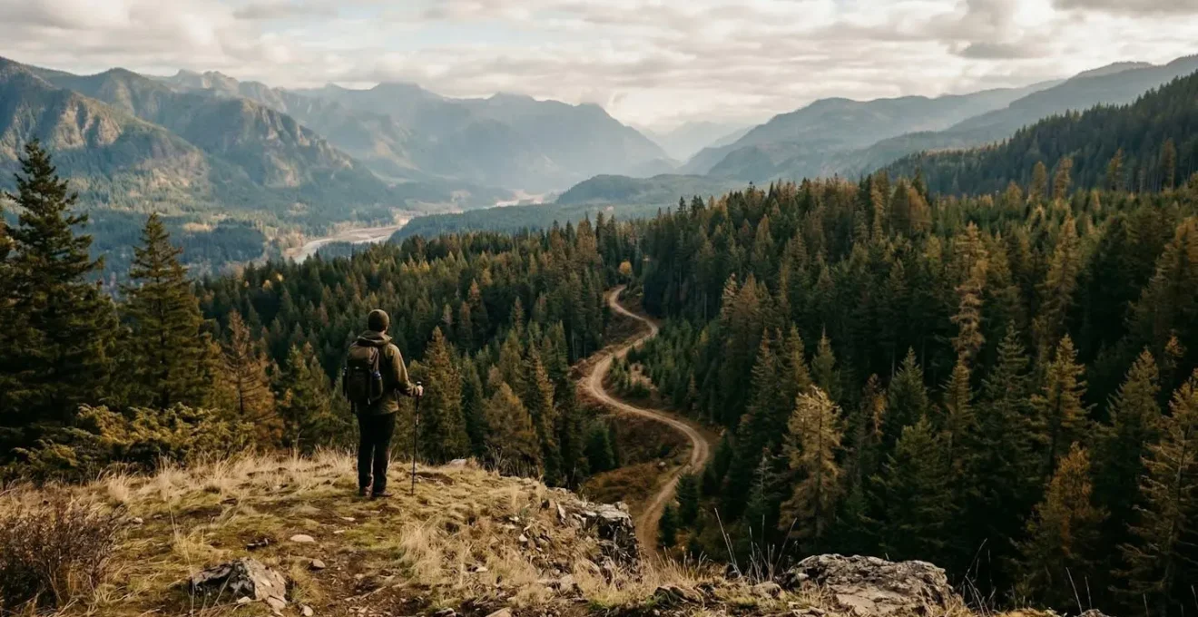 Plan large d'une personne observant depuis une colline un chemin défriché dans une forêt dense