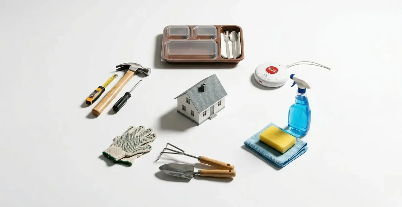 Composition symbolique montrant différents services à domicile interconnectés autour d'une maison centrale