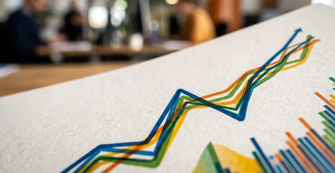 Vue macro d'un tableau de bord avec graphiques colorés montrant l'évolution positive des indicateurs