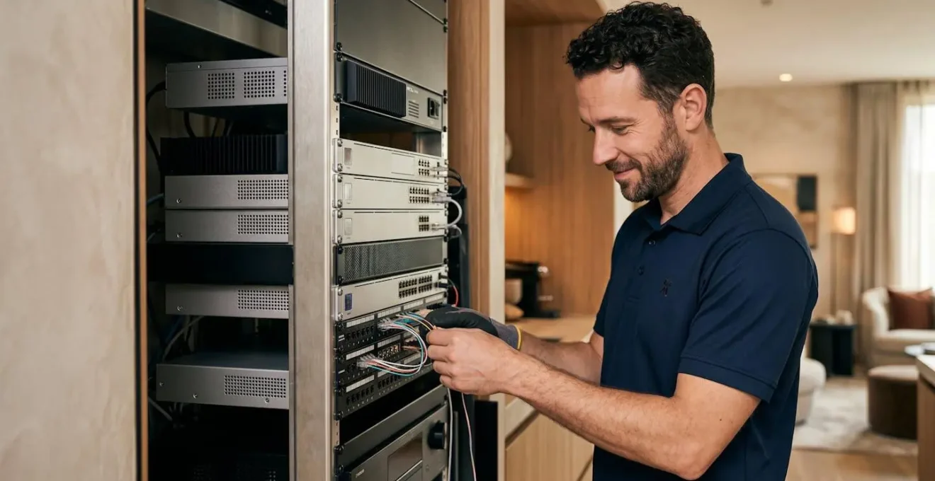 Technicien spécialisé effectuant une maintenance domotique dans une résidence de standing