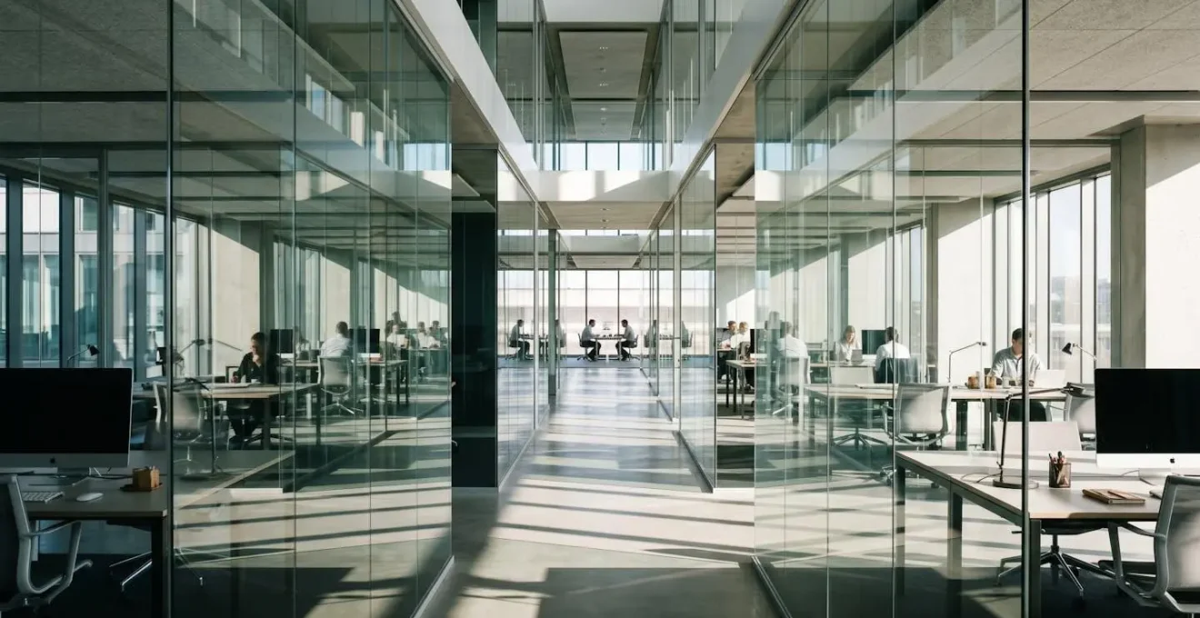 Bureau moderne avec murs de verre transparents symbolisant la transparence organisationnelle