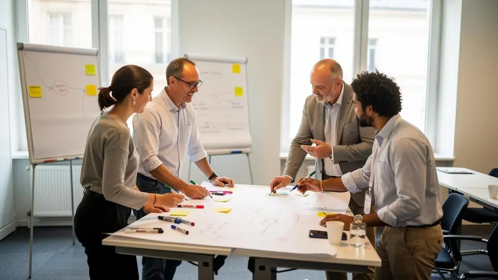 Groupe de professionnels collaborant debout autour d'une table haute lors d'un atelier d'équipe pendant une conférence d'entreprise.
