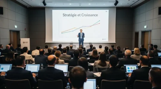 Conférence d'entreprise en cours dans un auditorium moderne, avec un intervenant sur scène et des participants attentifs en salle.